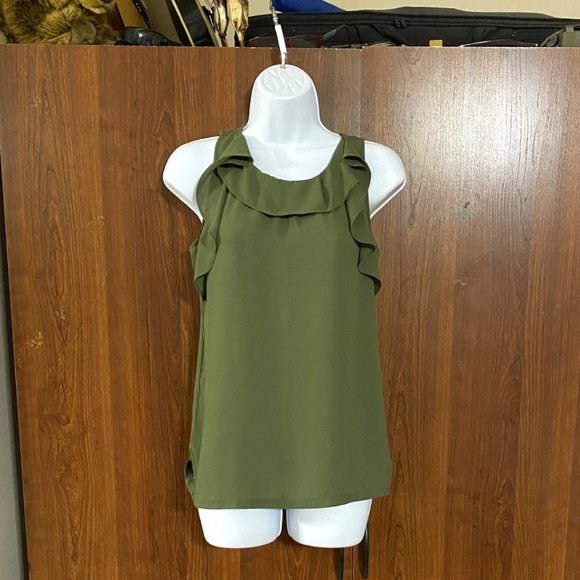 Loft Green sleeveless top tank top ruffle collar and near sleeve XS Dark Green - Picture 1 of 5